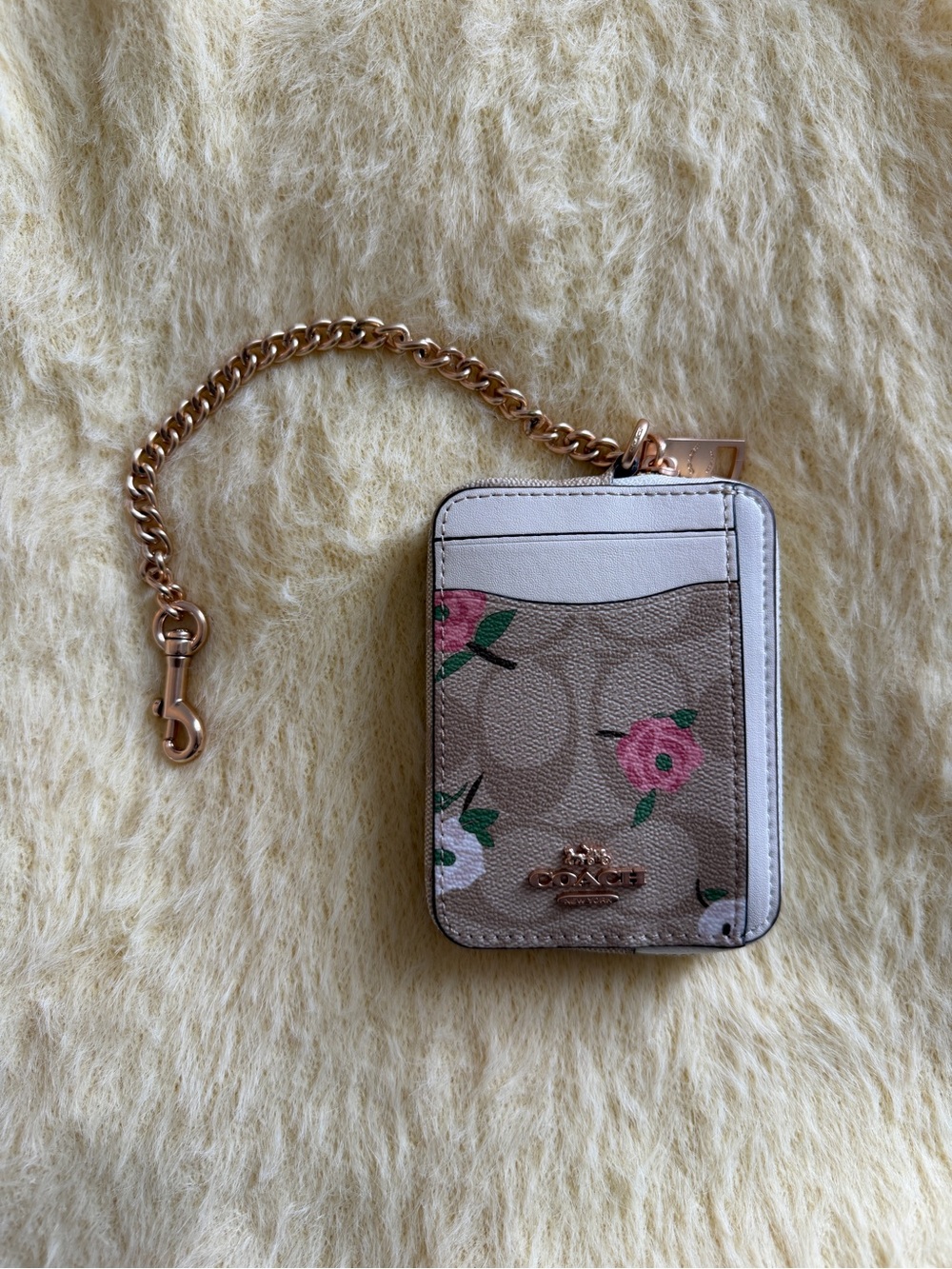 Coach Tan Floral ID Card Case with Gold Chain